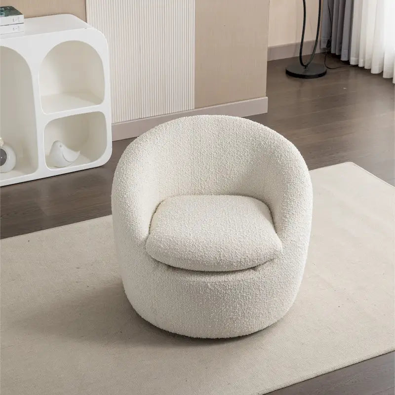 Fauteuil pivotant baquet en bouclé avec base ronde en métal et mousse haute densité