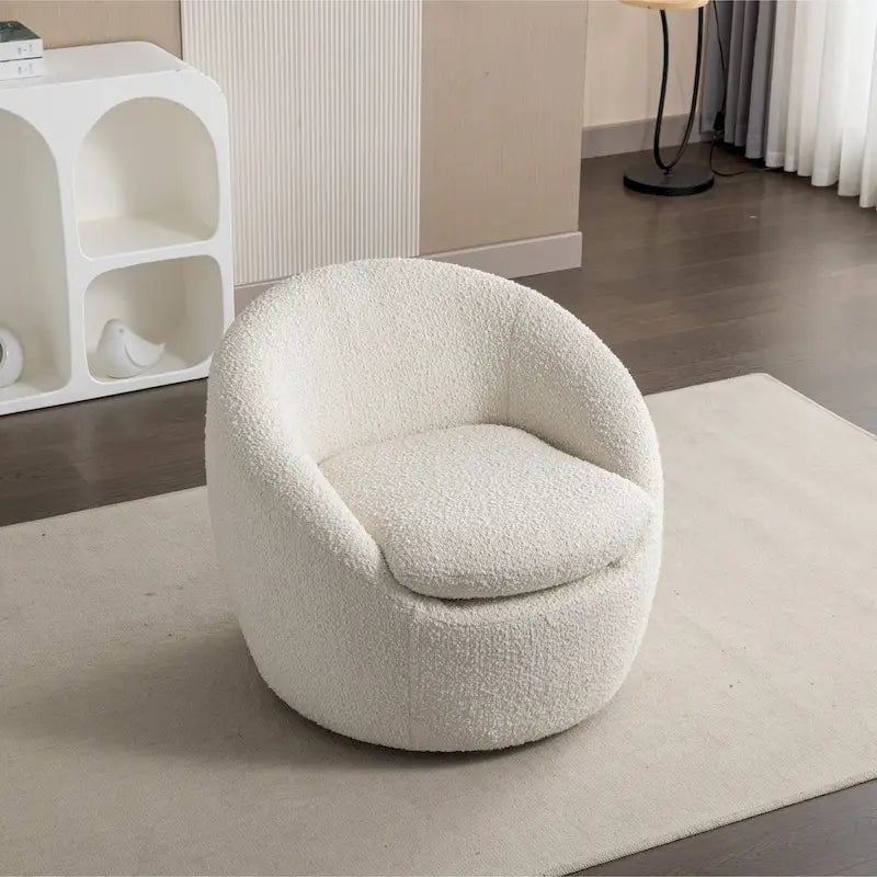 Fauteuil pivotant baquet en bouclé avec base ronde en métal et mousse haute densité