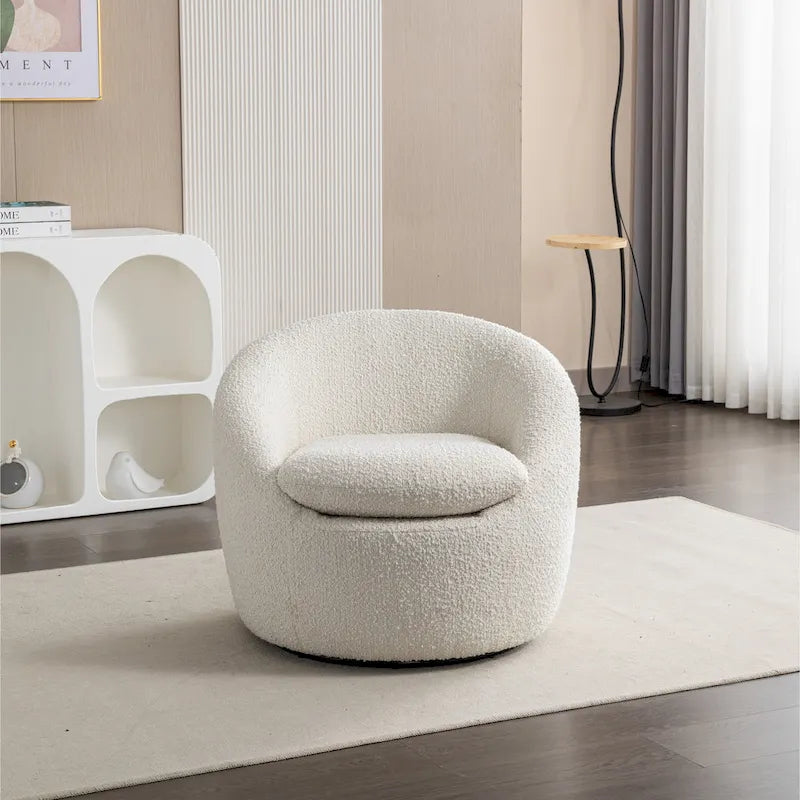 Fauteuil pivotant baquet en bouclé avec base ronde en métal et mousse haute densité