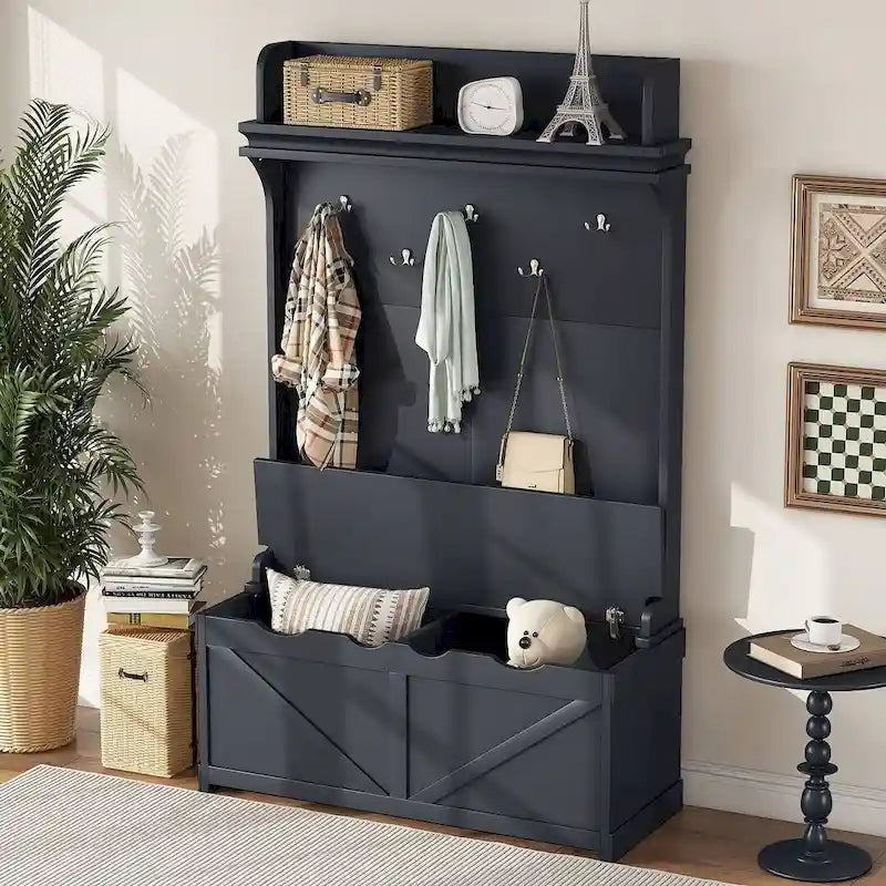 Entryway Hall Tree with Storage Bench, Coat Hooks and Cabinet