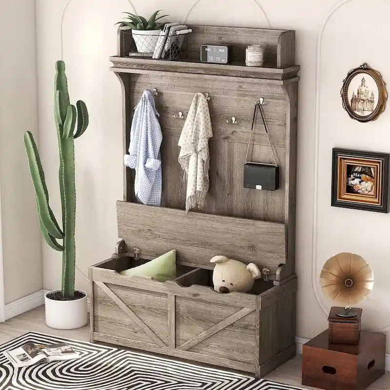 Entryway Hall Tree with Storage Bench, Coat Hooks and Cabinet