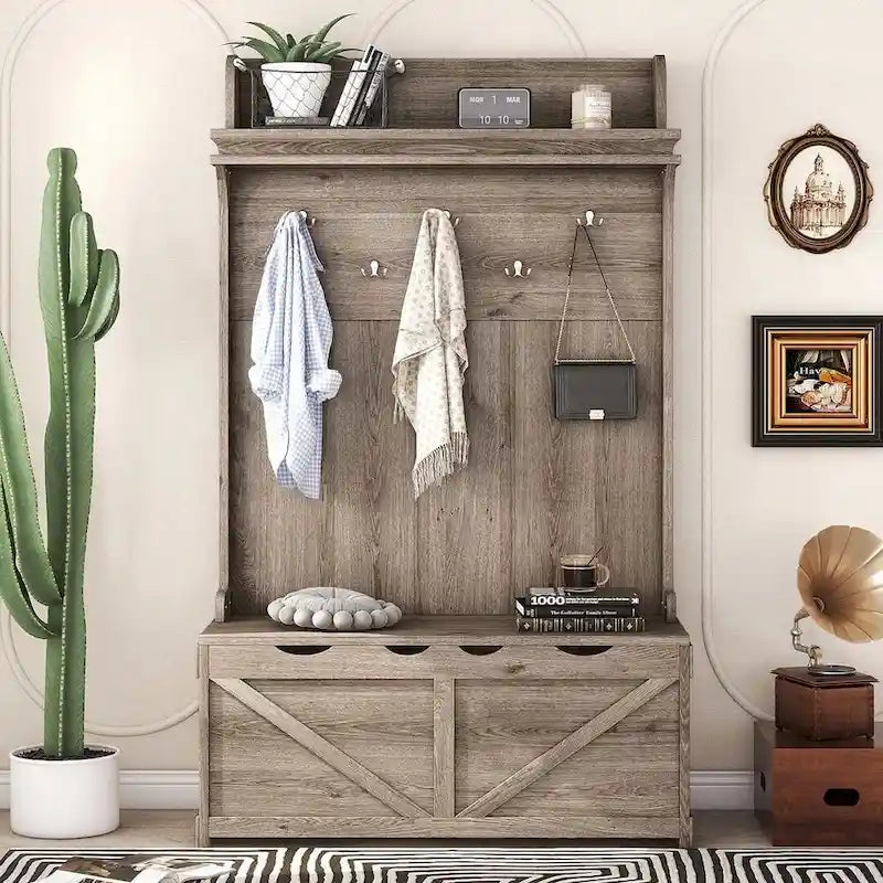 Entryway Hall Tree with Storage Bench, Coat Hooks and Cabinet