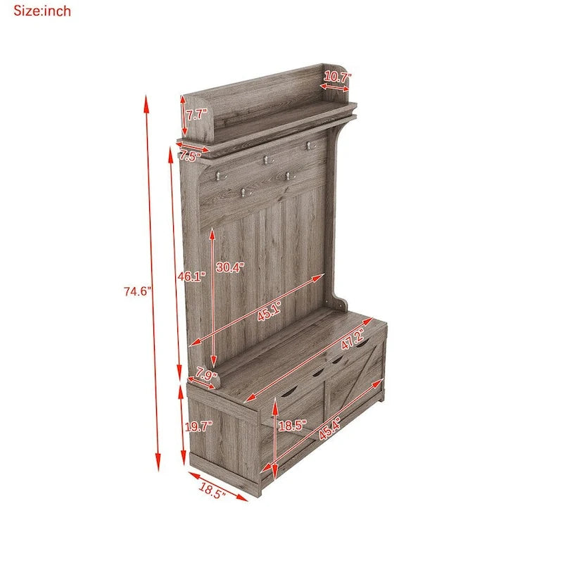 Entryway Hall Tree with Storage Bench, Coat Hooks and Cabinet