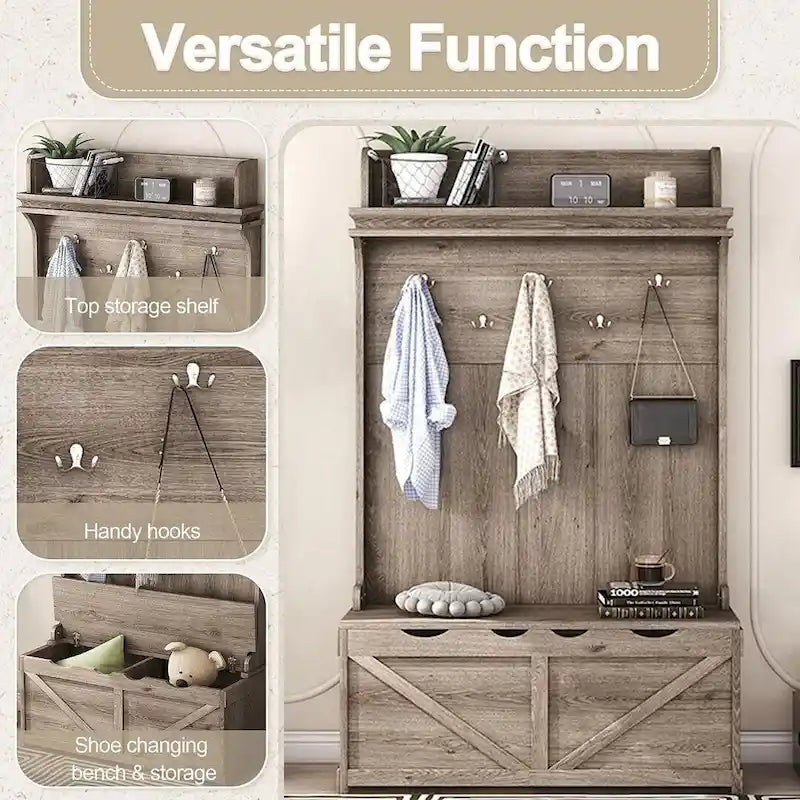 Entryway Hall Tree with Storage Bench, Coat Hooks and Cabinet