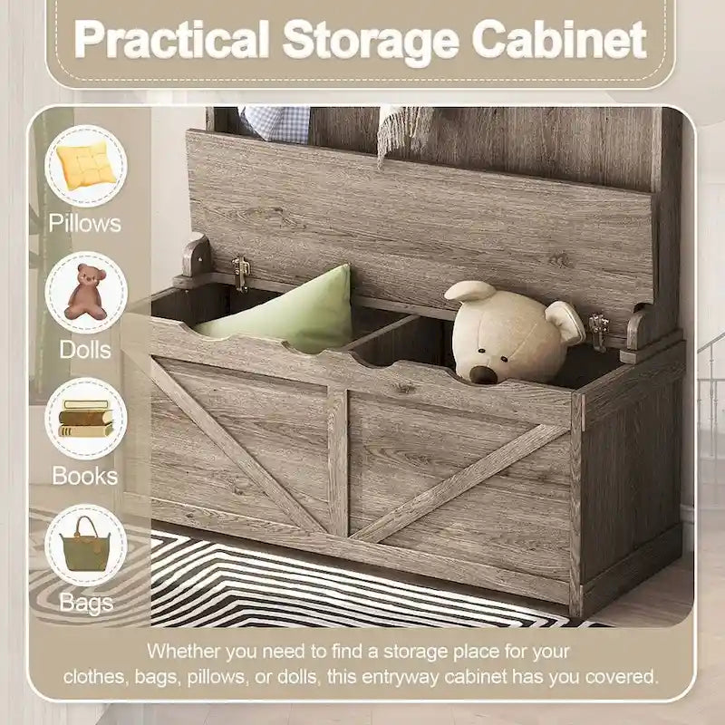 Entryway Hall Tree with Storage Bench, Coat Hooks and Cabinet