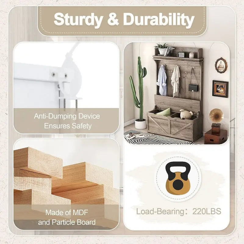 Entryway Hall Tree with Storage Bench, Coat Hooks and Cabinet
