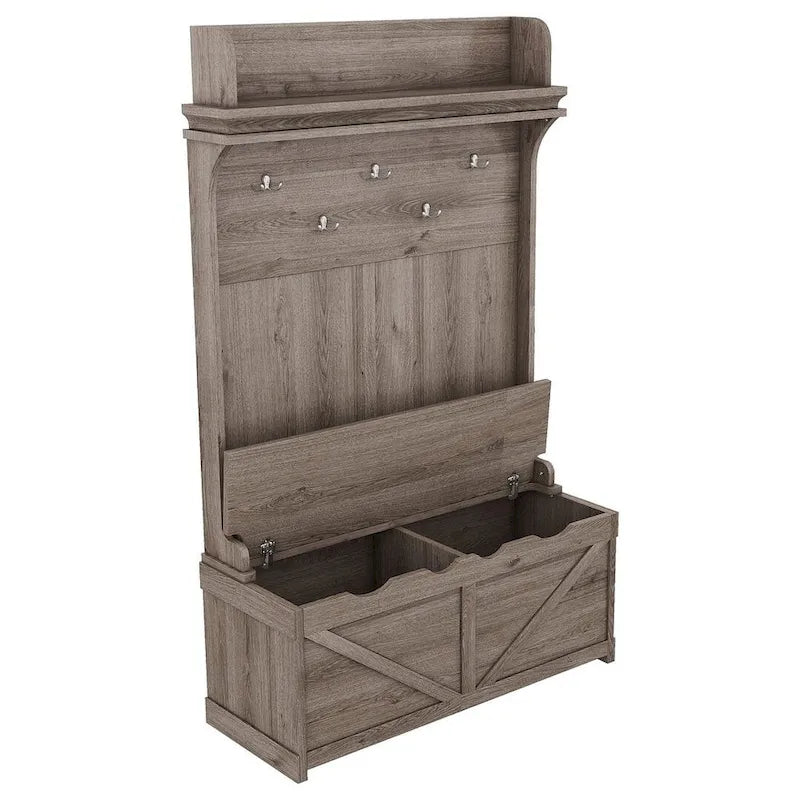 Entryway Hall Tree with Storage Bench, Coat Hooks and Cabinet