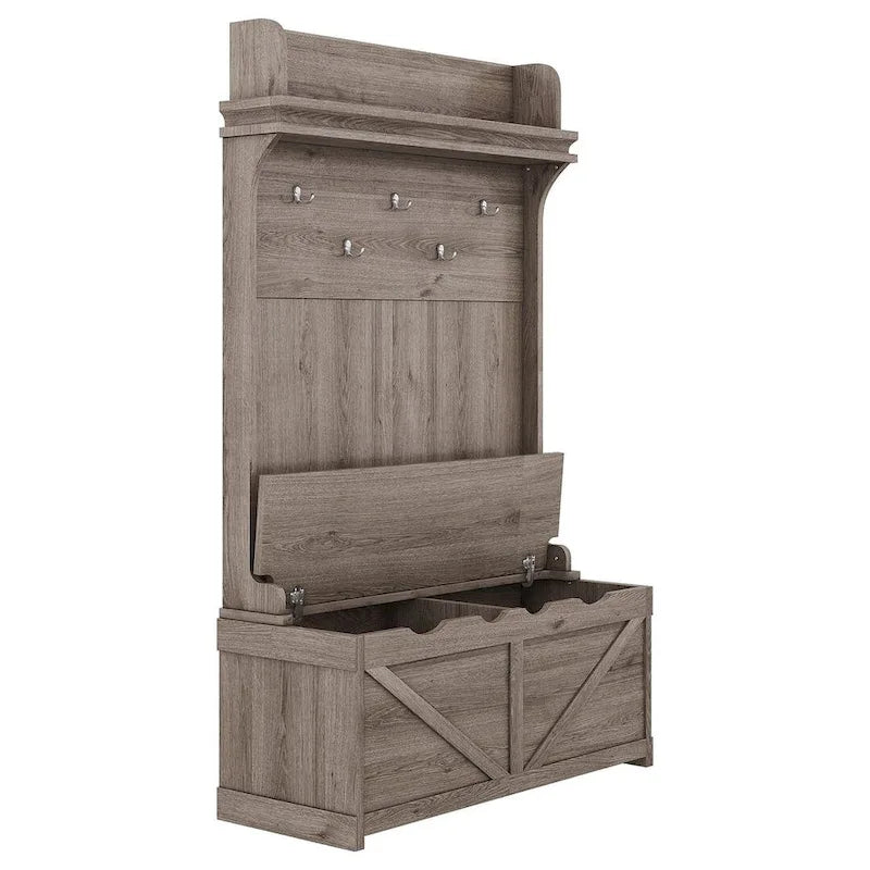 Entryway Hall Tree with Storage Bench, Coat Hooks and Cabinet