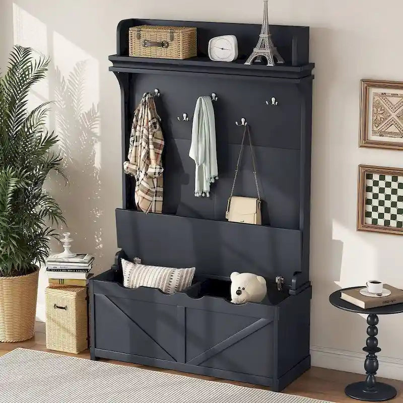 Entryway Hall Tree with Storage Bench, Coat Hooks and Cabinet