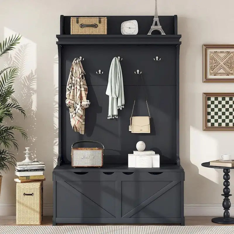 Entryway Hall Tree with Storage Bench, Coat Hooks and Cabinet