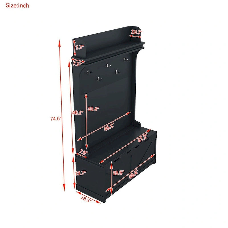 Entryway Hall Tree with Storage Bench, Coat Hooks and Cabinet