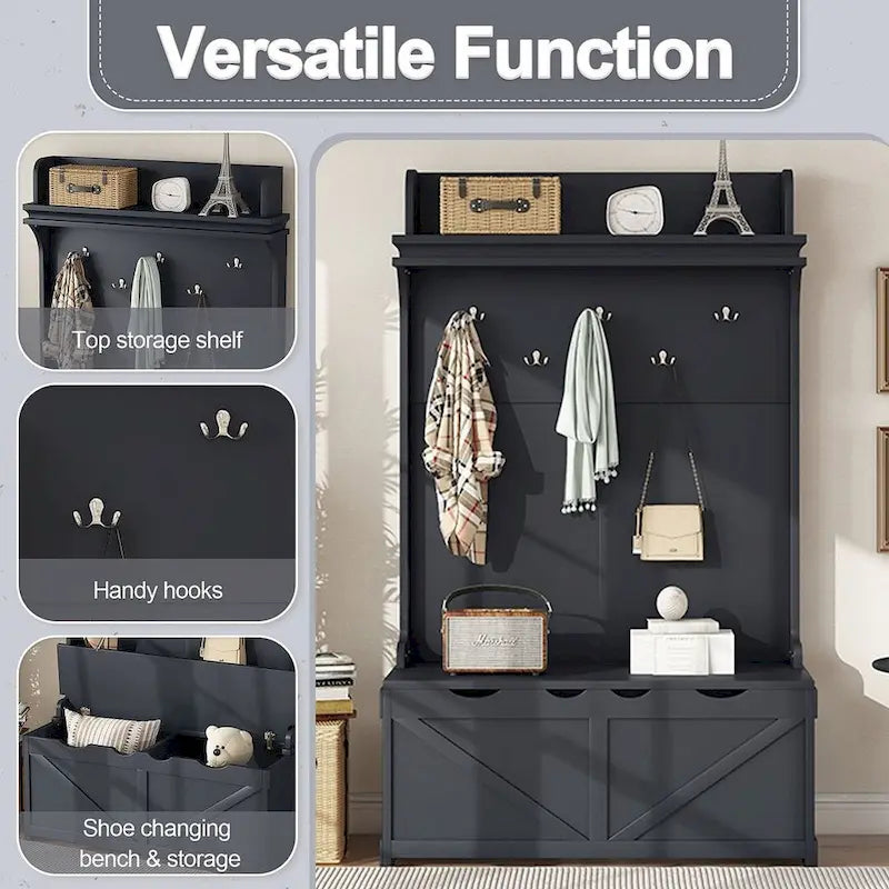 Entryway Hall Tree with Storage Bench, Coat Hooks and Cabinet