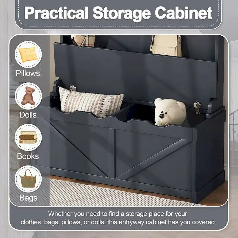 Entryway Hall Tree with Storage Bench, Coat Hooks and Cabinet