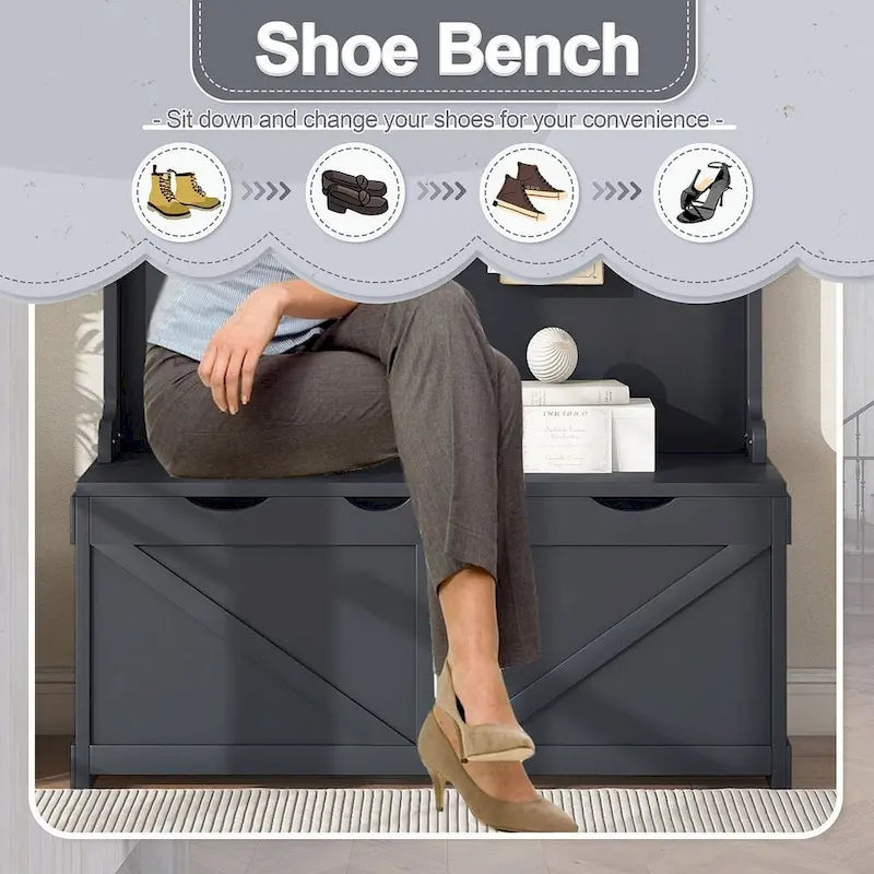 Entryway Hall Tree with Storage Bench, Coat Hooks and Cabinet