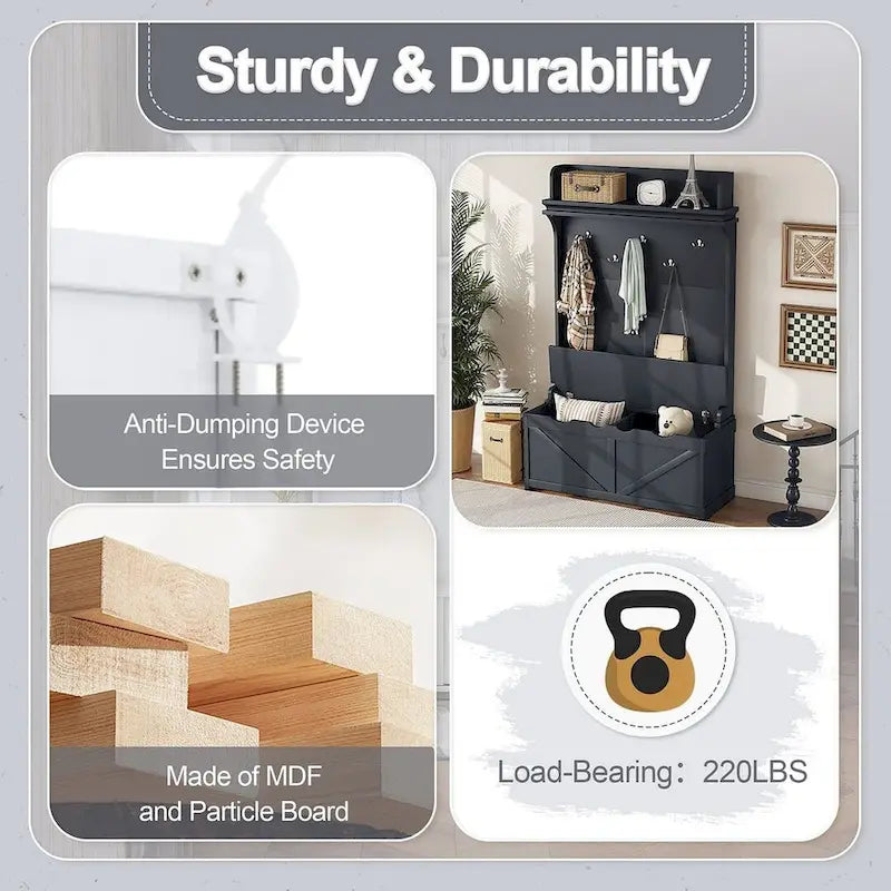 Entryway Hall Tree with Storage Bench, Coat Hooks and Cabinet