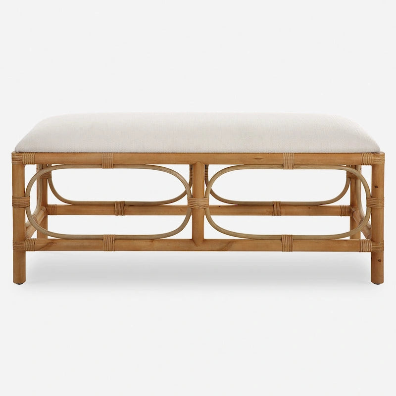 48" Coastal Upholstered Bench with Rattan Wrapped Accents and Solid Wood Base
