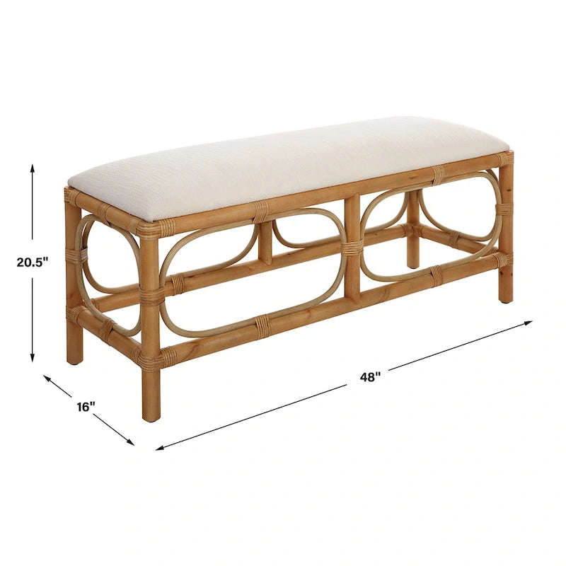 48" Coastal Upholstered Bench with Rattan Wrapped Accents and Solid Wood Base