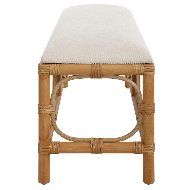 48" Coastal Upholstered Bench with Rattan Wrapped Accents and Solid Wood Base