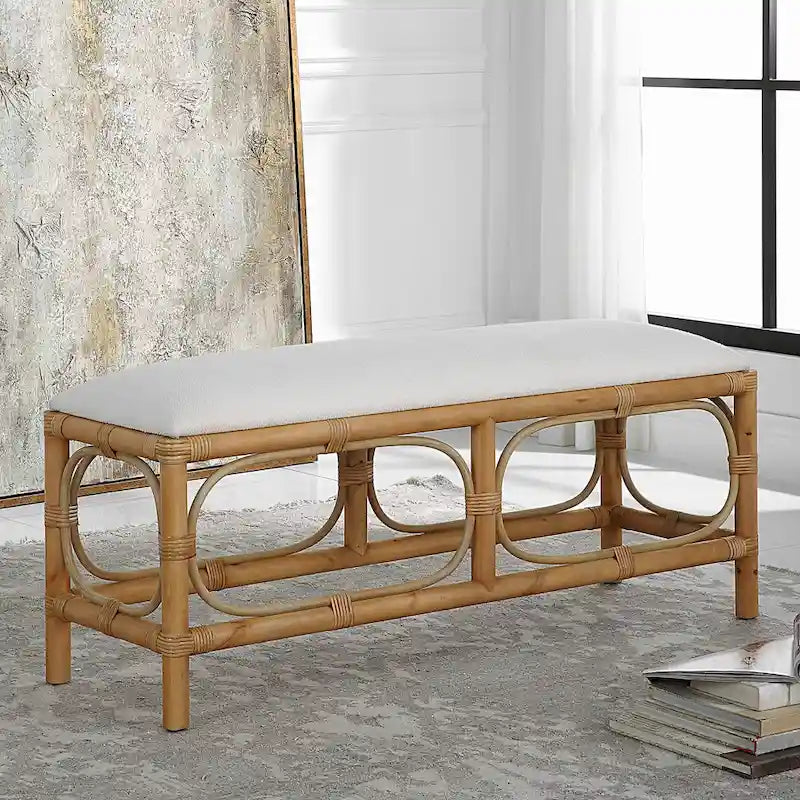 48" Coastal Upholstered Bench with Rattan Wrapped Accents and Solid Wood Base