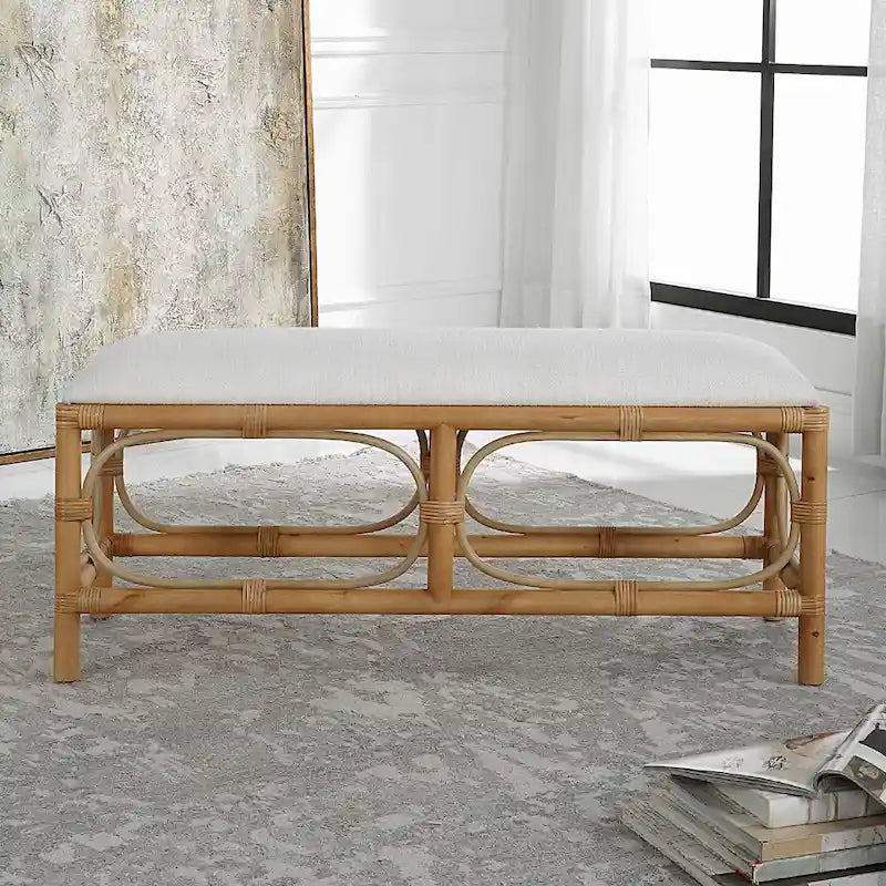 48" Coastal Upholstered Bench with Rattan Wrapped Accents and Solid Wood Base