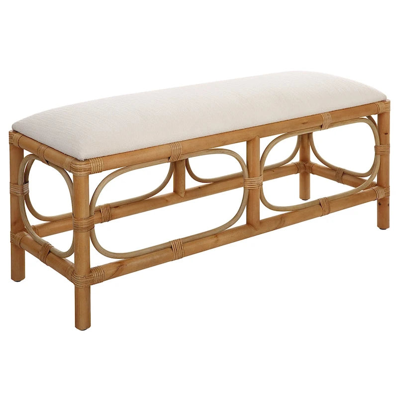 48" Coastal Upholstered Bench with Rattan Wrapped Accents and Solid Wood Base