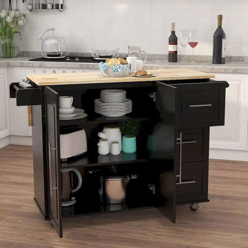 Îlot de cuisine mobile en bois massif avec porte-épices