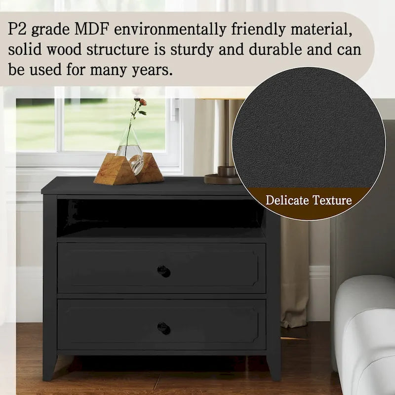 Modern Wide Nightstand with 2 Drawers, Open Shelf and Wood Legs