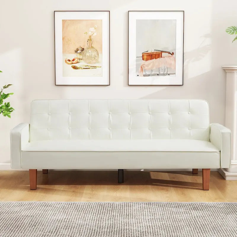 Canapé-lit futon convertible de 74" en similicuir PU style mi-siècle, avec dossier capitonné à boutons