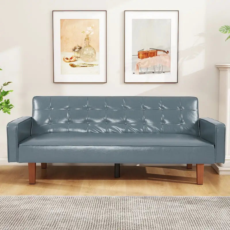 Canapé-lit futon convertible de 74" en similicuir PU style mi-siècle, avec dossier capitonné à boutons