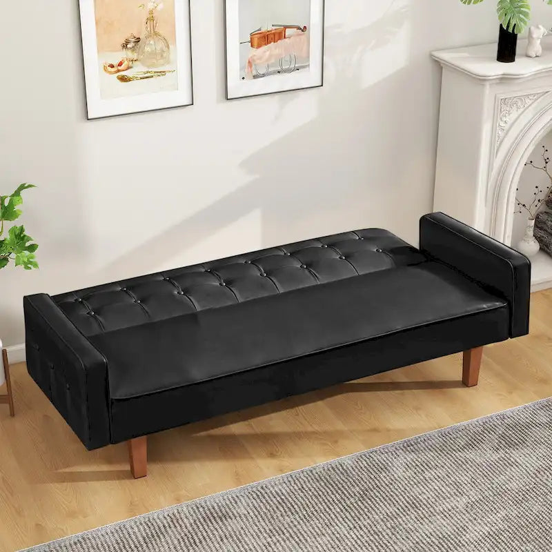Canapé-lit futon convertible de 74" en similicuir PU style mi-siècle, avec dossier capitonné à boutons