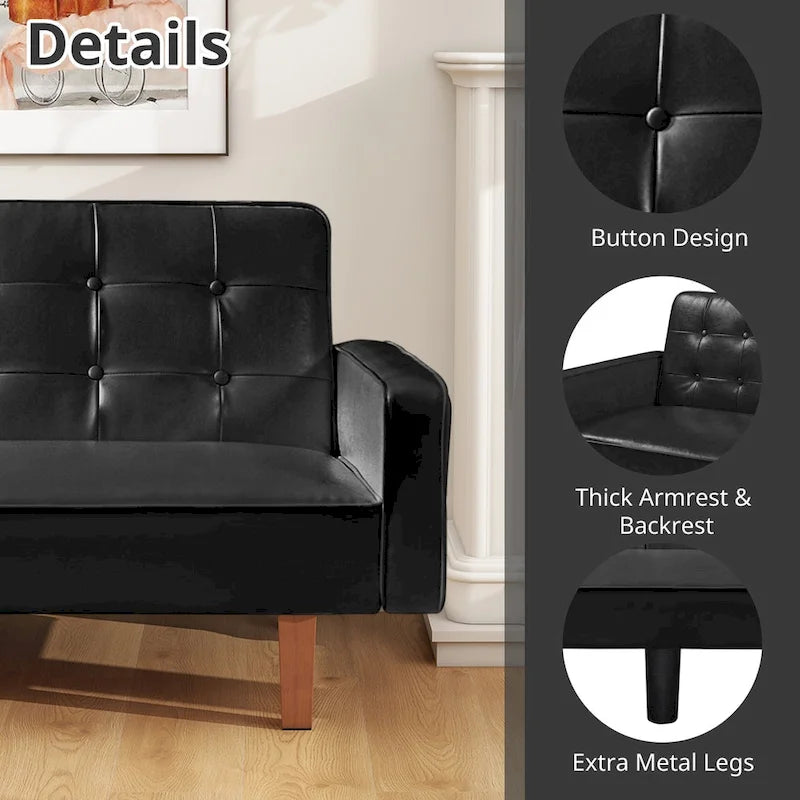 Canapé-lit futon convertible de 74" en similicuir PU style mi-siècle, avec dossier capitonné à boutons