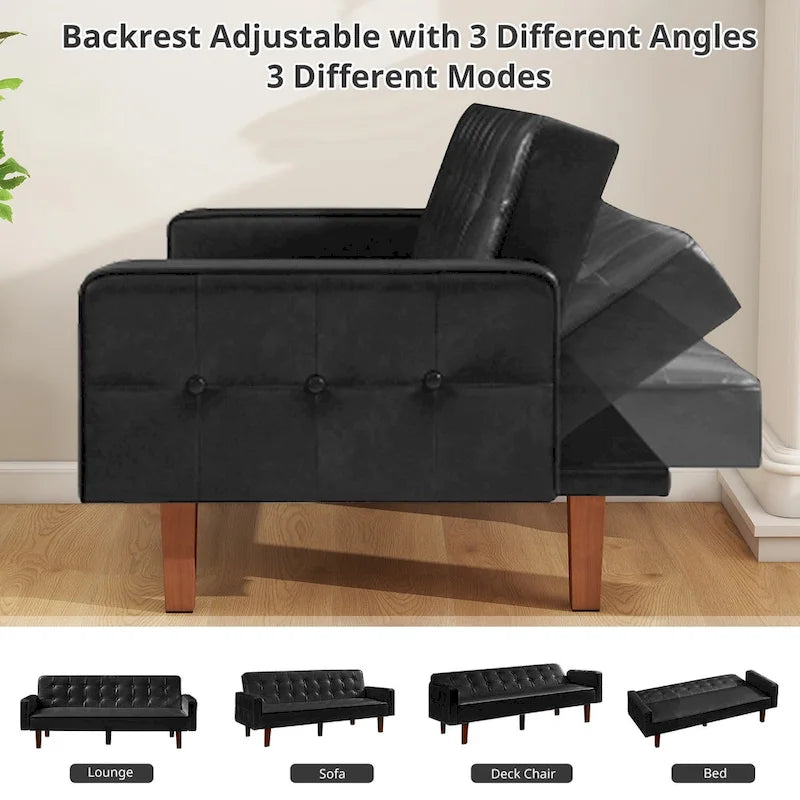 74" rozkládací futonová pohovka z PU kůže ve stylu mid-century s knoflíkově prošívaným opěradlem