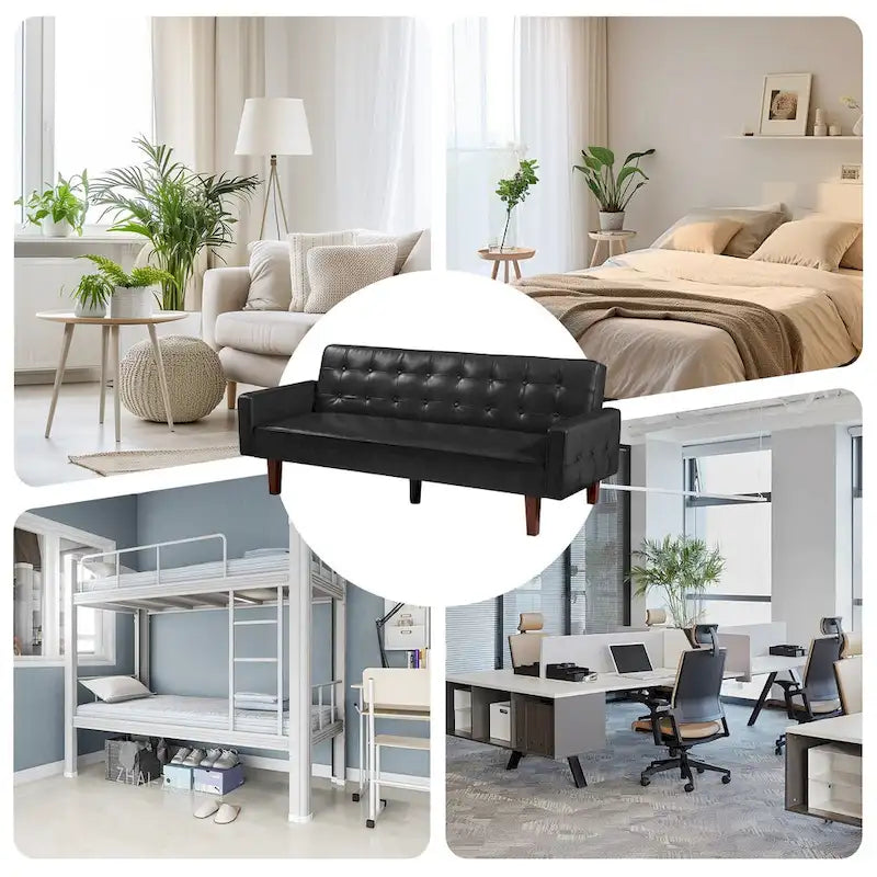 74" rozkládací futonová pohovka z PU kůže ve stylu mid-century s knoflíkově prošívaným opěradlem