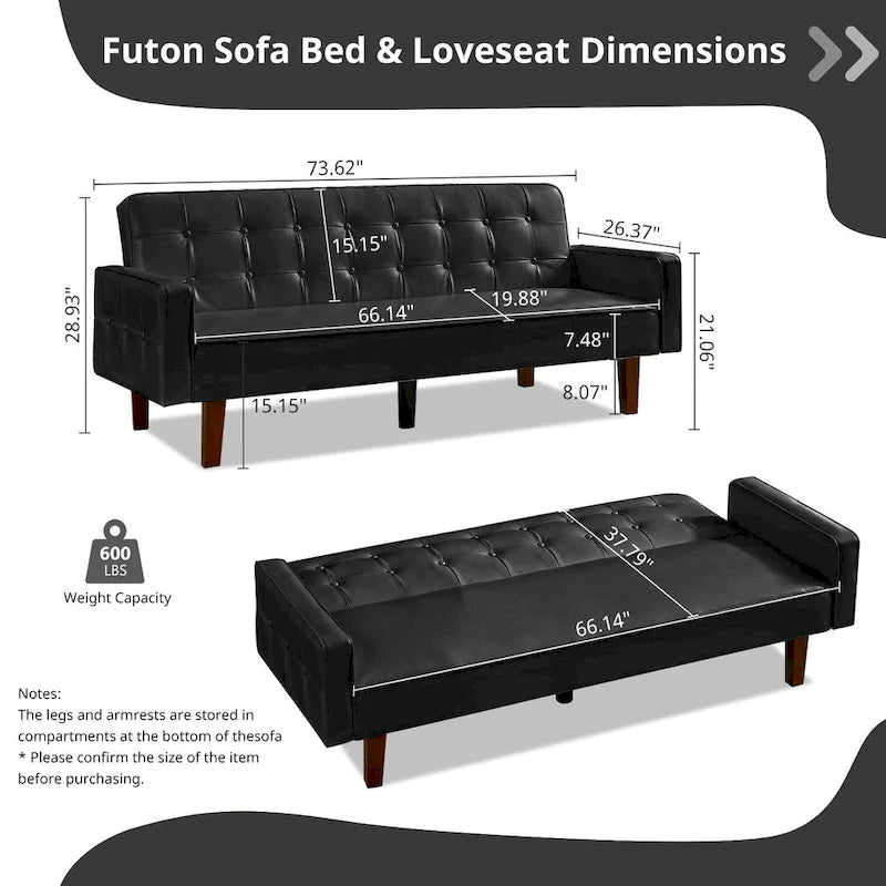 74" rozkládací futonová pohovka z PU kůže ve stylu mid-century s knoflíkově prošívaným opěradlem