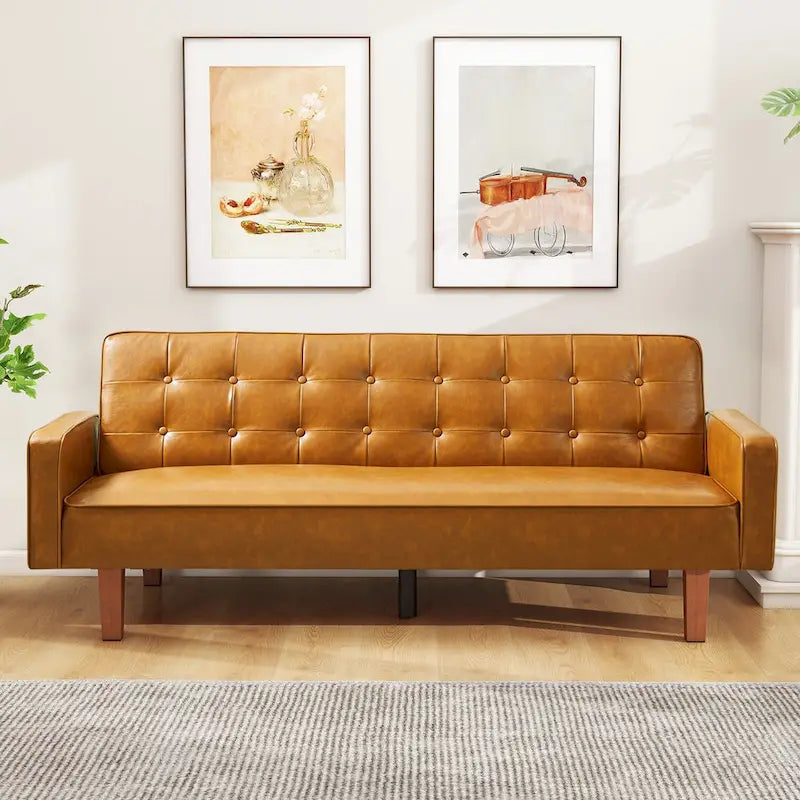 74" rozkládací futonová pohovka z PU kůže ve stylu mid-century s knoflíkově prošívaným opěradlem