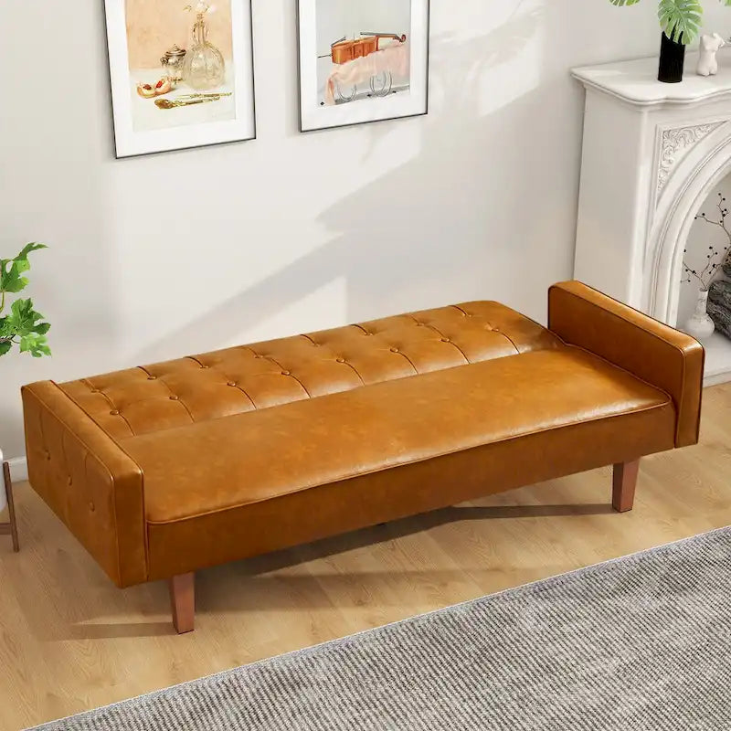 74" rozkládací futonová pohovka z PU kůže ve stylu mid-century s knoflíkově prošívaným opěradlem