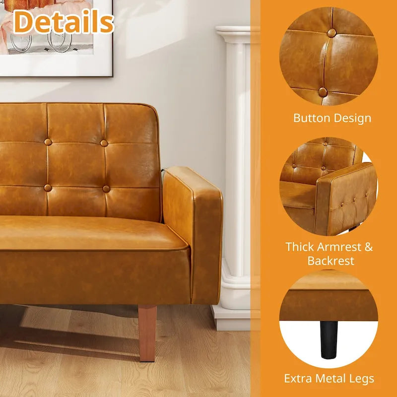 74" rozkládací futonová pohovka z PU kůže ve stylu mid-century s knoflíkově prošívaným opěradlem