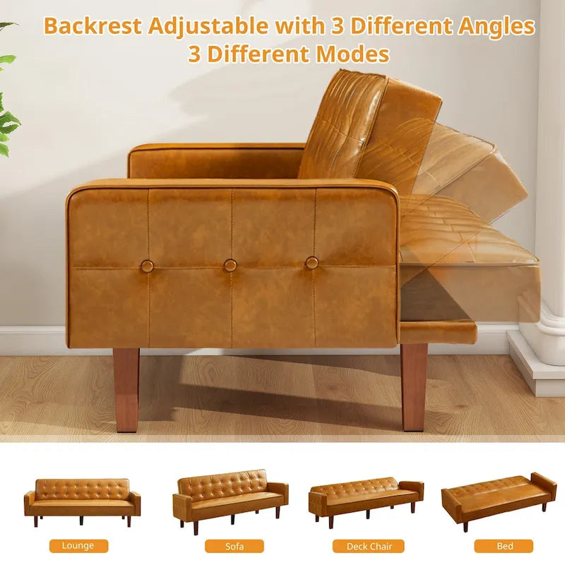 74" rozkládací futonová pohovka z PU kůže ve stylu mid-century s knoflíkově prošívaným opěradlem