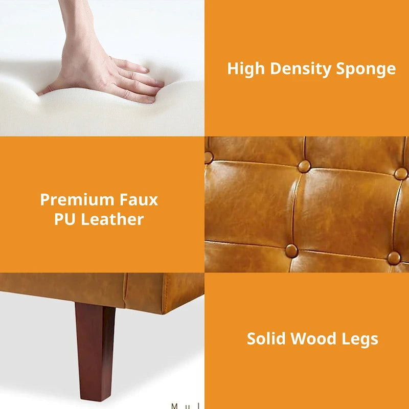 74" rozkládací futonová pohovka z PU kůže ve stylu mid-century s knoflíkově prošívaným opěradlem