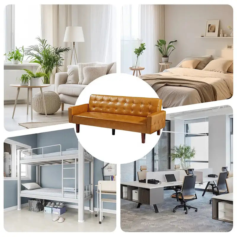 74" rozkládací futonová pohovka z PU kůže ve stylu mid-century s knoflíkově prošívaným opěradlem