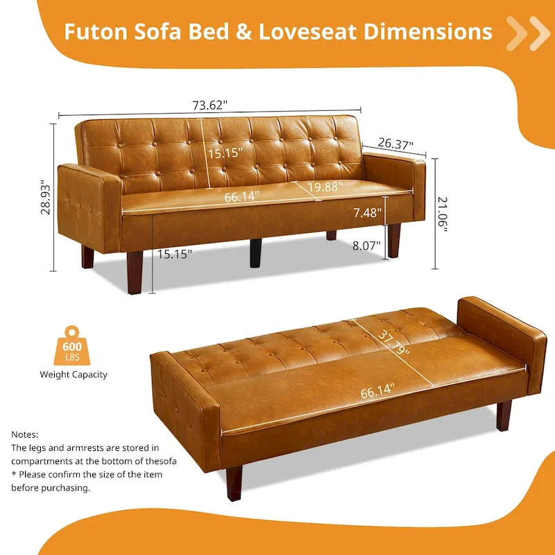 74" rozkládací futonová pohovka z PU kůže ve stylu mid-century s knoflíkově prošívaným opěradlem