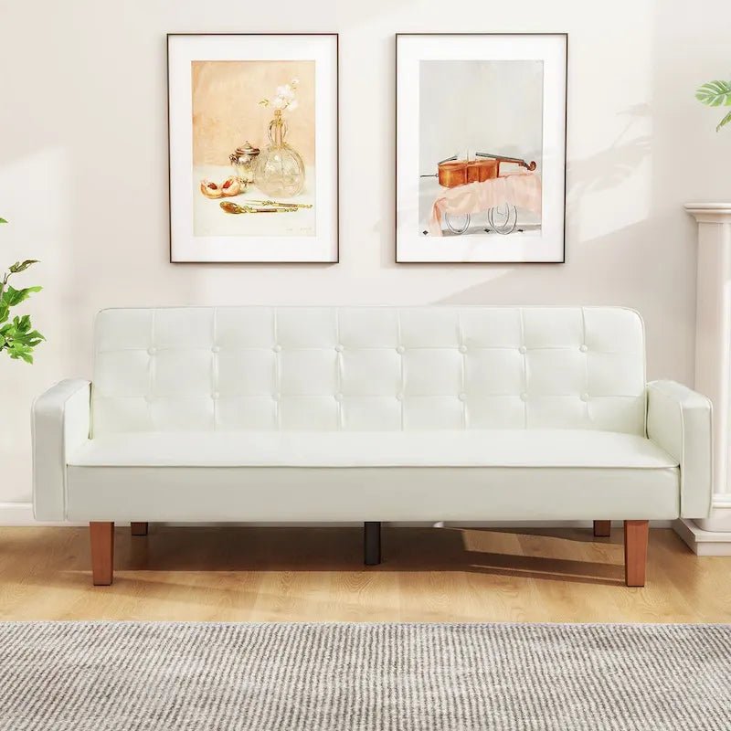 74" rozkládací futonová pohovka z PU kůže ve stylu mid-century s knoflíkově prošívaným opěradlem