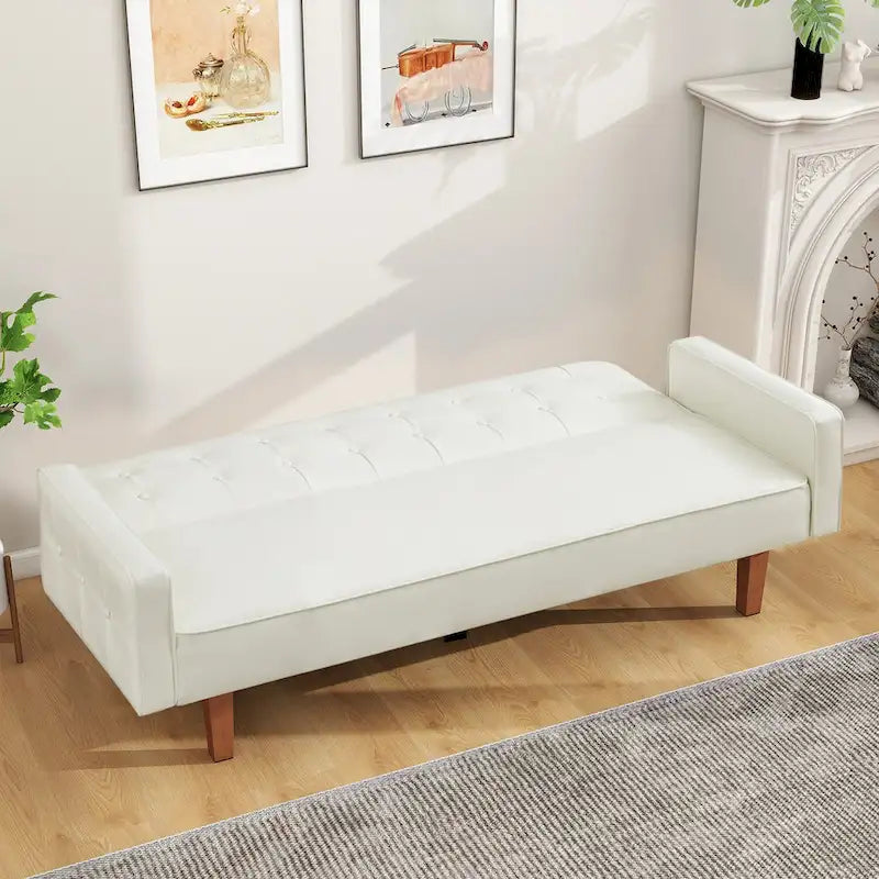 74" rozkládací futonová pohovka z PU kůže ve stylu mid-century s knoflíkově prošívaným opěradlem