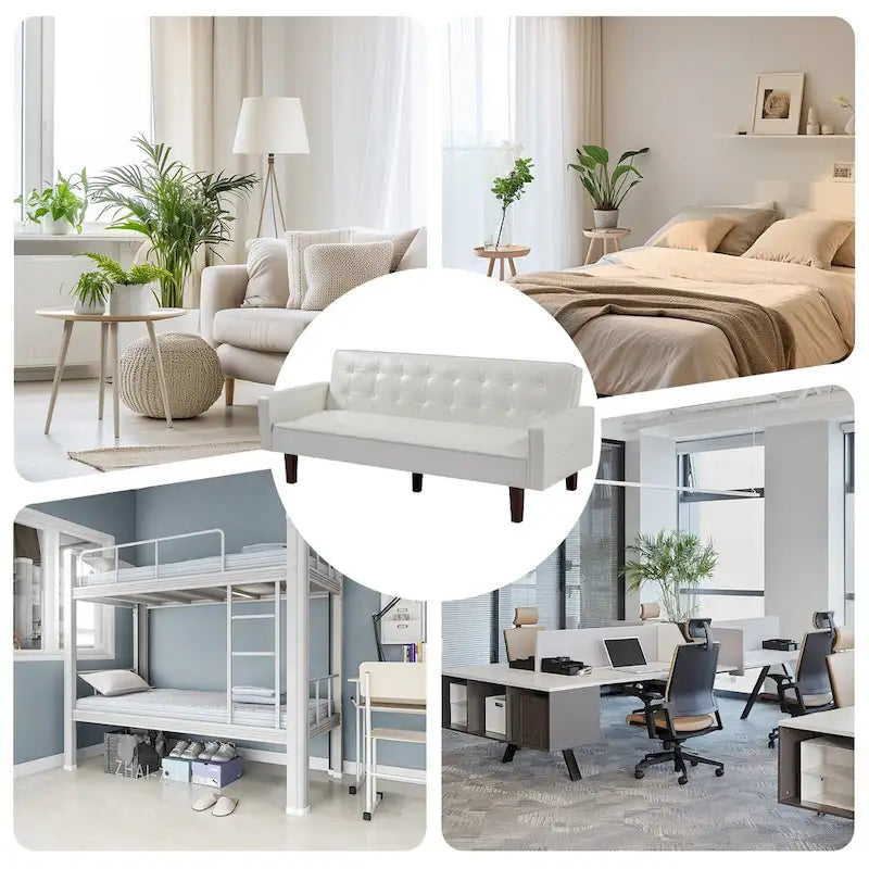 74" rozkládací futonová pohovka z PU kůže ve stylu mid-century s knoflíkově prošívaným opěradlem