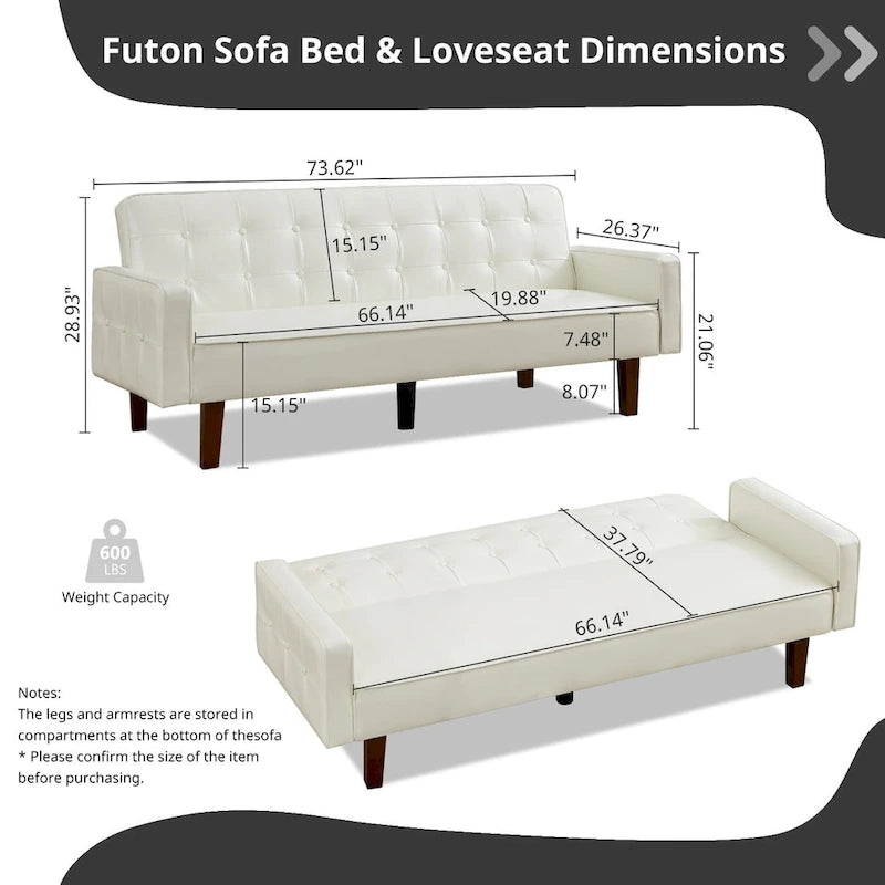 74" rozkládací futonová pohovka z PU kůže ve stylu mid-century s knoflíkově prošívaným opěradlem