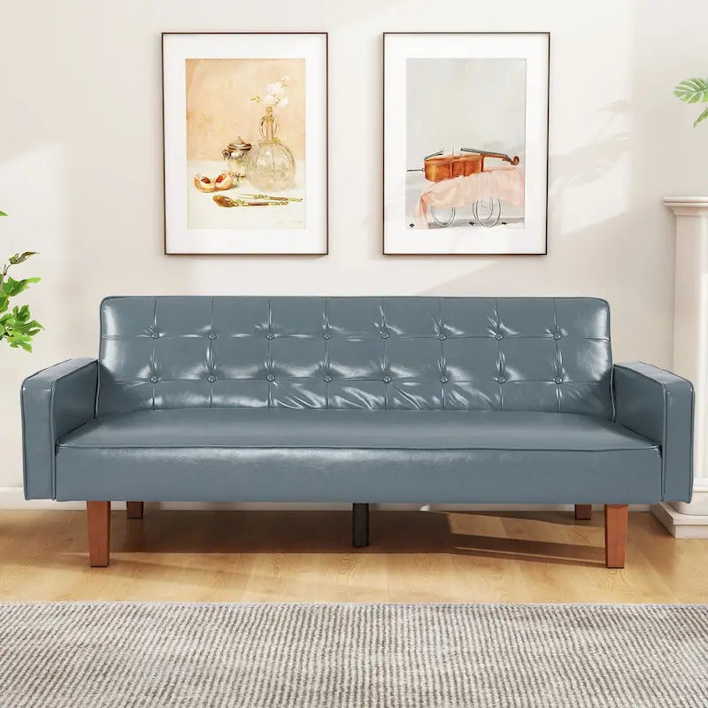 74" rozkládací futonová pohovka z PU kůže ve stylu mid-century s knoflíkově prošívaným opěradlem