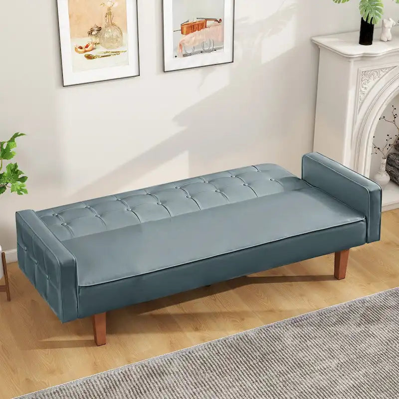 74" rozkládací futonová pohovka z PU kůže ve stylu mid-century s knoflíkově prošívaným opěradlem