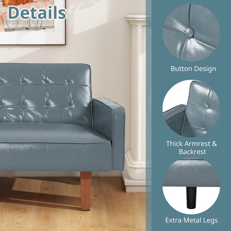74" rozkládací futonová pohovka z PU kůže ve stylu mid-century s knoflíkově prošívaným opěradlem