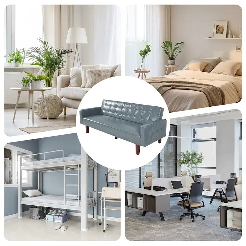 74" rozkládací futonová pohovka z PU kůže ve stylu mid-century s knoflíkově prošívaným opěradlem