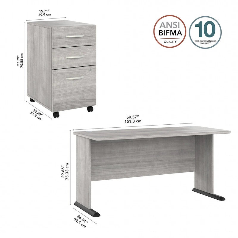 60" Computerschreibtisch mit mobilem Rollcontainer mit 3 Schubladen